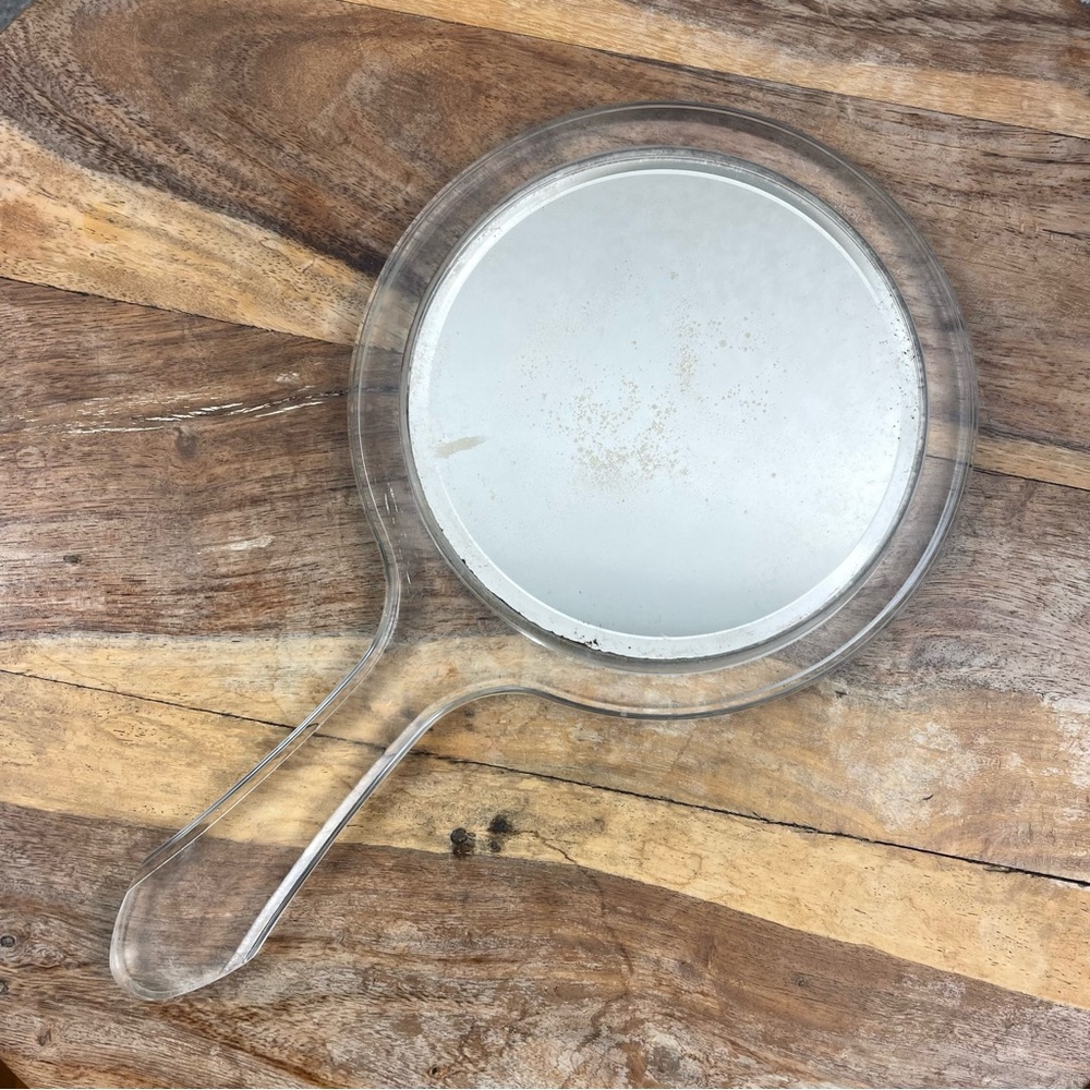Vintage l 50s Pinup Glam Clear Lucite Double Sided Beveled Boudoir Vanity Mirror